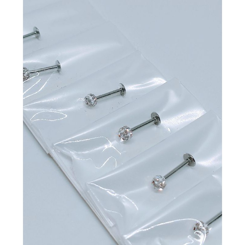 piercing labret queixo 8mm bolinha fogo mini strass cristal transparente brilhante aço prata cartela 12 unidades