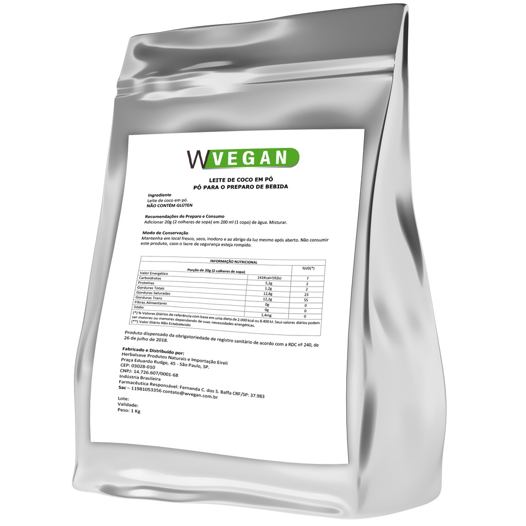 Leite de Coco em pó 1Kg Embalagem Refil WVegan