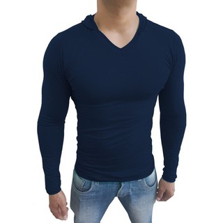 Camiseta Masculina Com Capuz Gola V Justa Slim Manga Longa