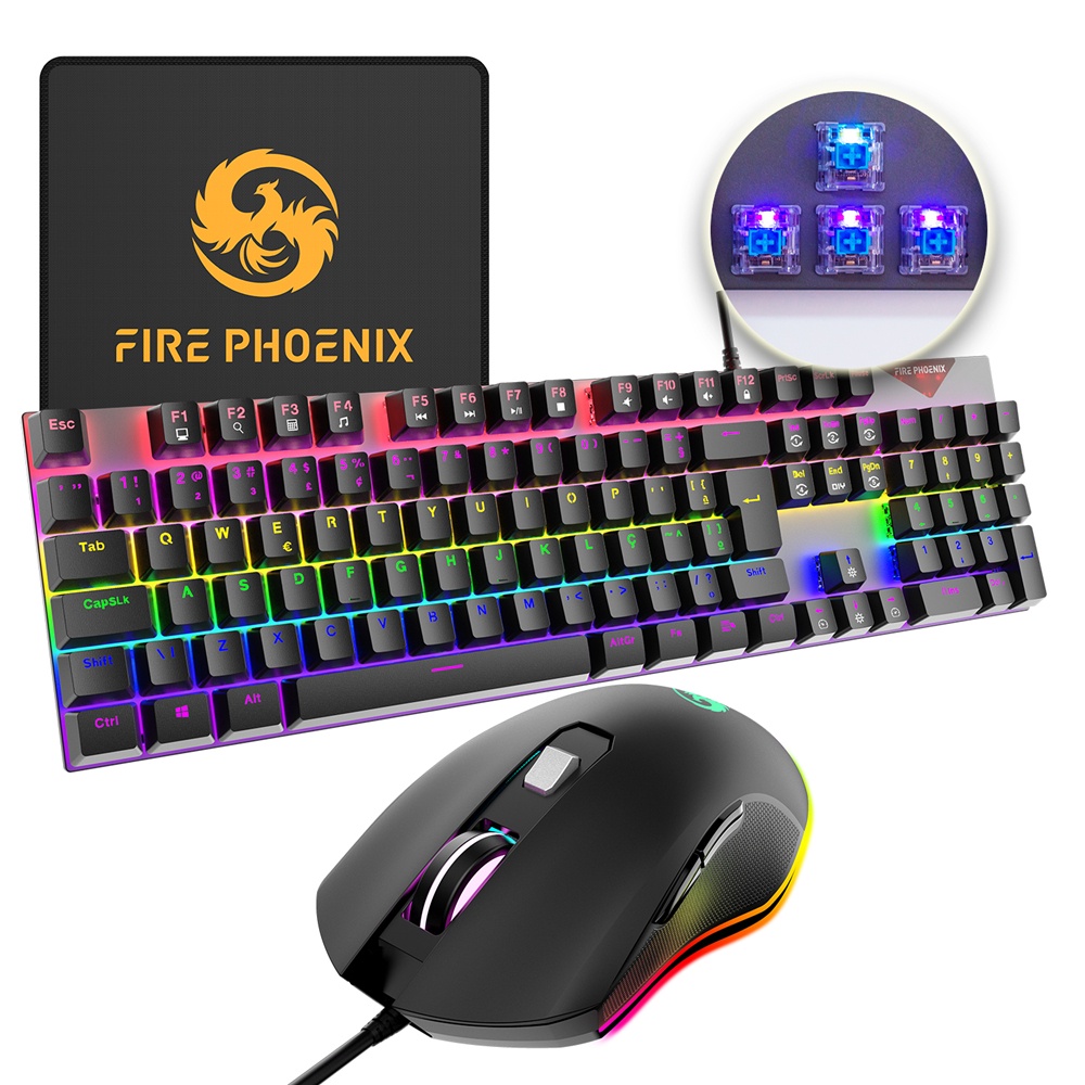 Kit Teclado E Mouse Mecanico Gamer Rgb Switch Blue Usb Fire Phoenix Be-k2