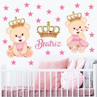 Adesivo De Parede Infantil Ursinha Princesa Rosa Claro + Nome