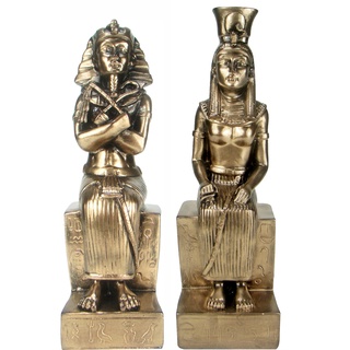 Estátua Faraó e Cleópatra No Trono - Estatueta Decorativa - Linha luxo ônix ouro metálico