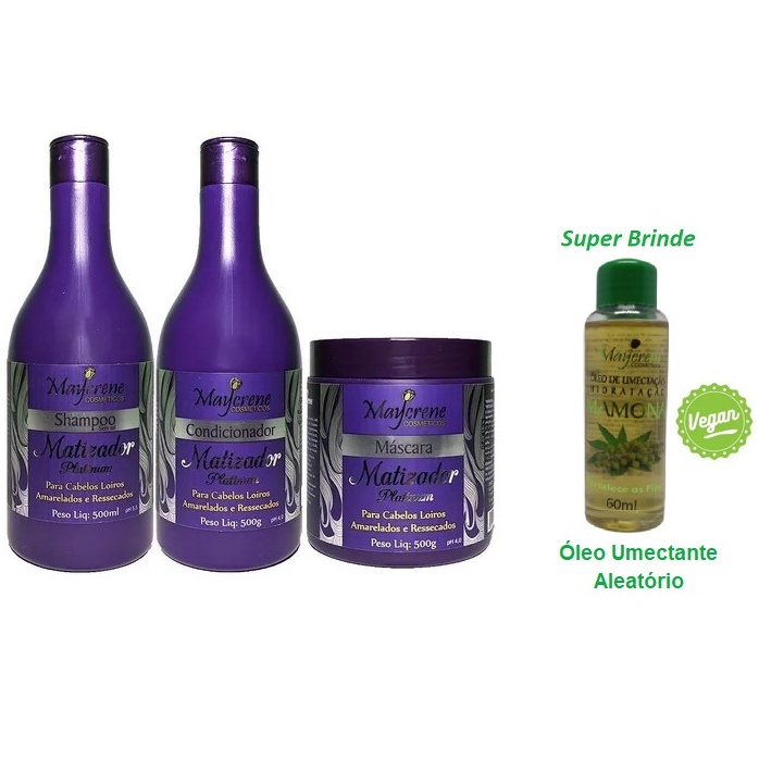 Kit Matizador Maycrene ( Shampoo + Condicionador + Máscara + Óleo Umectante ) 500ml cada ideal para cabelos loiros, brancos ou grisalhos. Renova e realça