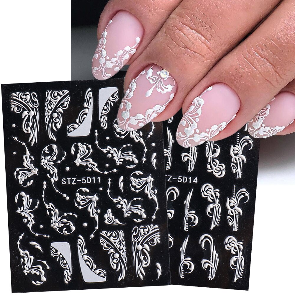 Adesivos de unhas acrílicos 5D Design de unhas de casamento branco Sliders de renda gravada Decalques de monograma