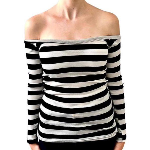 Blusa manga longa ombro a ombro LISTRADA 96% algodão 4% elastano em Oferta na Shopee