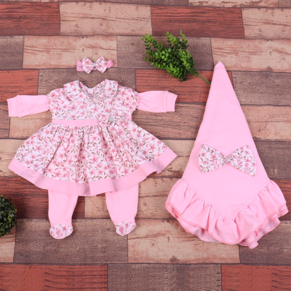 Saída Maternidade Floral Rosa 100% Algodão Com Manta e Laço