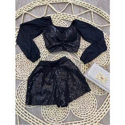 Conjunto Cropped Princesa Manga Bufante Paetê + Short Paetê