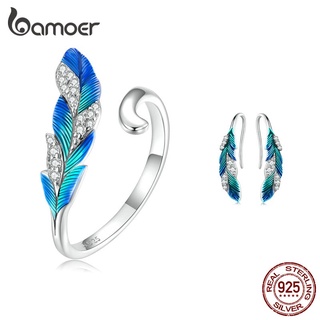 Bamoer 925 Conjunto De Joalheria De Prata Série Pena Azul Deslumbrante Brincos E Anel De Abertura Presentes Para Mulheres