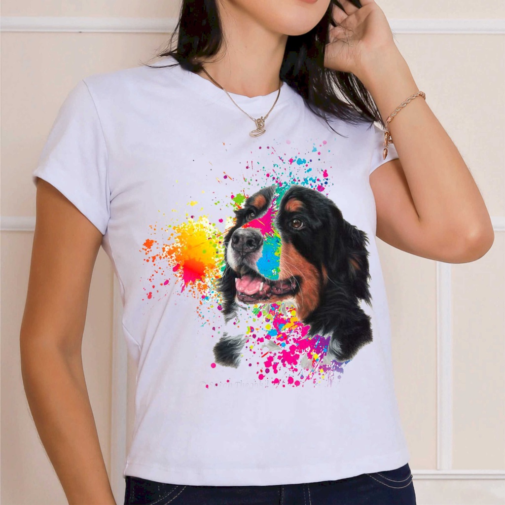 Camiseta tshirt branca estampada personalizada Estampa cachorro bernese aquarela polielastano