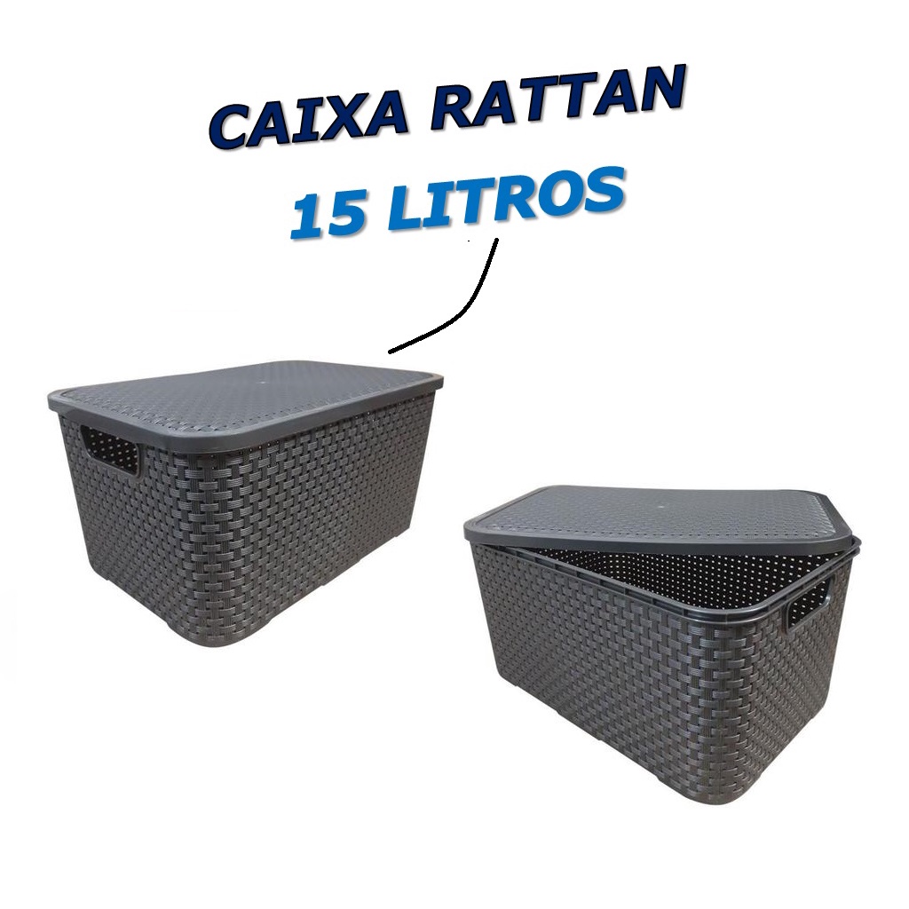 1 Caixa Rattan 15L Litros Caixa Organizadora Grafite CinzaCesto Com Tampa Empilhável