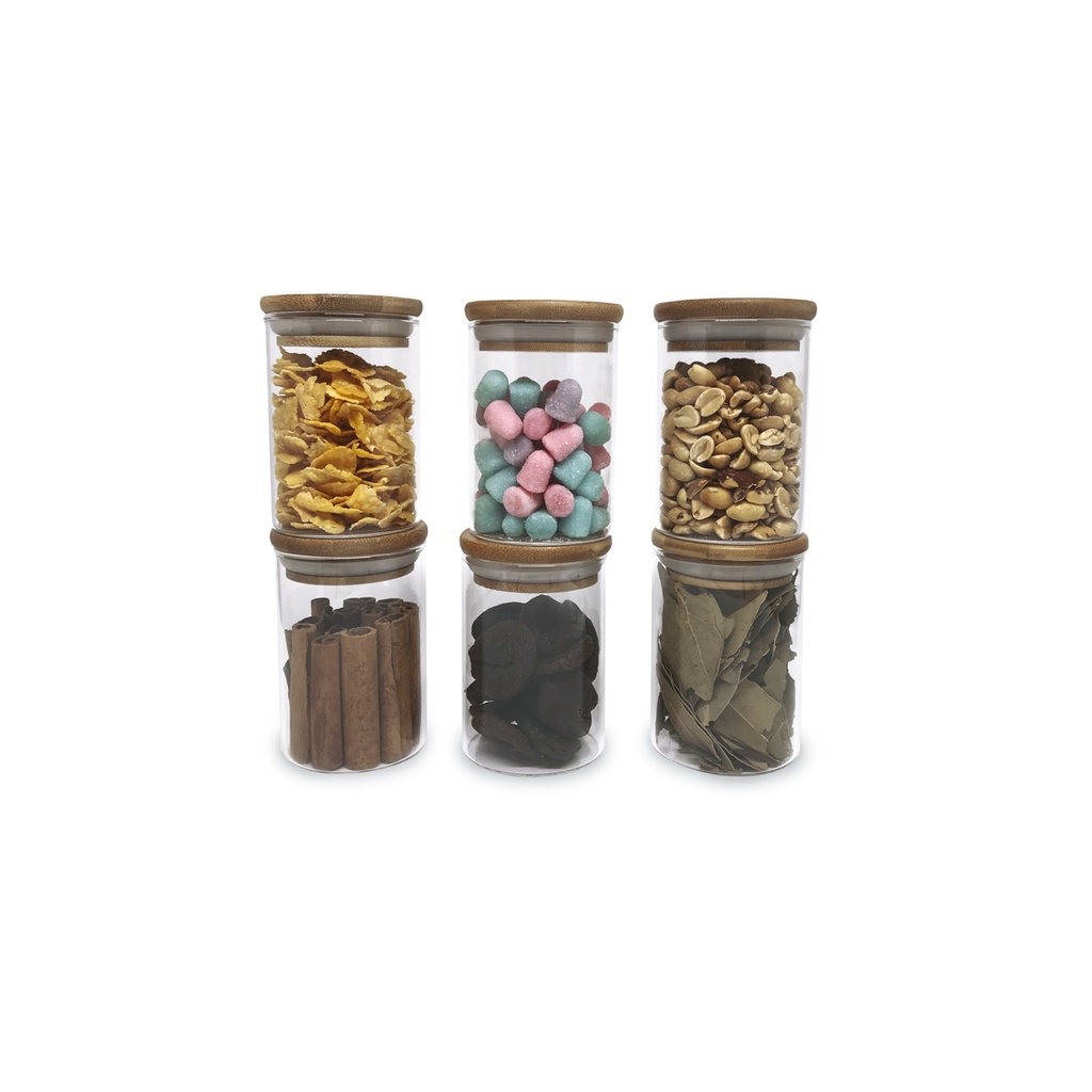 Kit 6 Potes De Vidro P/ Mantimentos 250ml c/ Tampa Bambu em Oferta na Shopee