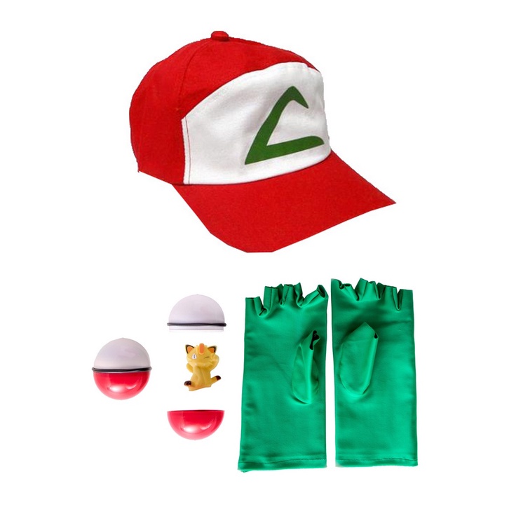 Kit Acessórios Ash, Treinador de Pokemon - boné, luvas e pokebola