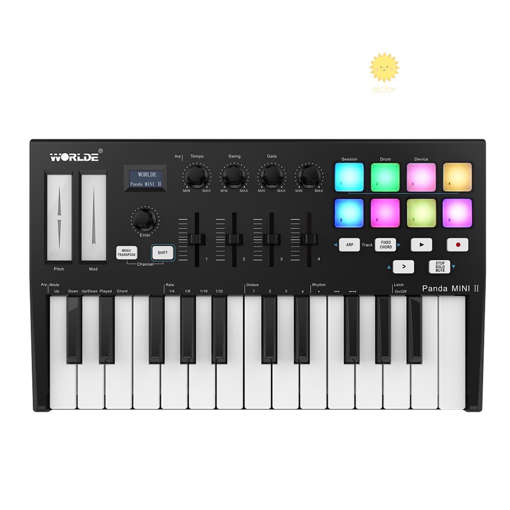 Sici WORLDE Panda MINI II Controlador Portátil De Teclado MIDI De 25 Chaves USB Com 8 Almofadas De Acionamento Retroiluminadas RGB 4 Botões De Controle Atribuíveis 4 Deslizadores