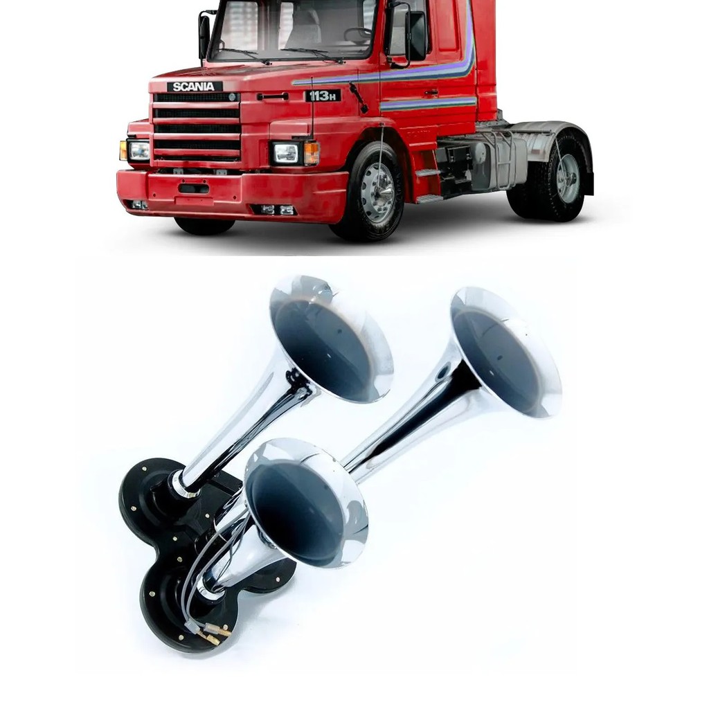 Buzina Caminhão Cromada Com 3 Cornetas Valvula A Ar para caminhão Scania 113 124 112 143