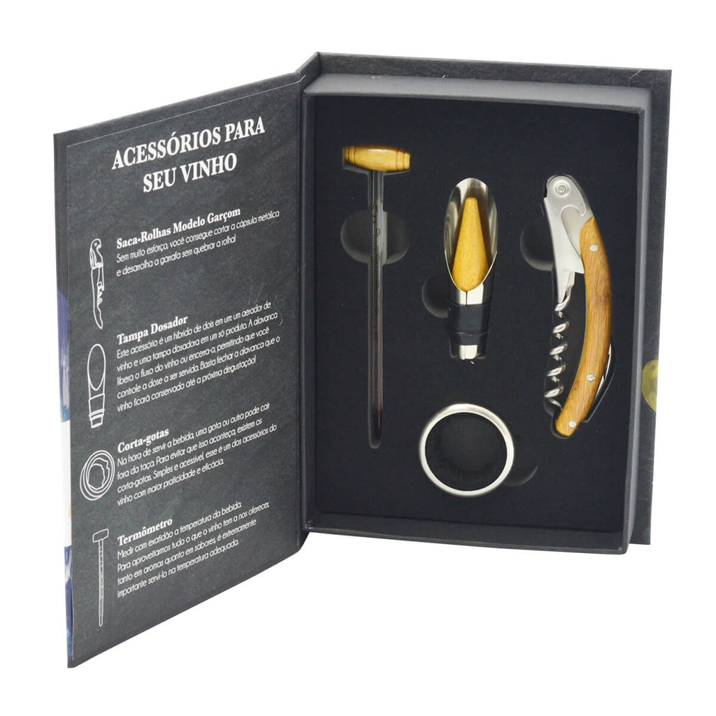 Kit Acessórios para Vinho 4 Peças com Bomba de Vinho