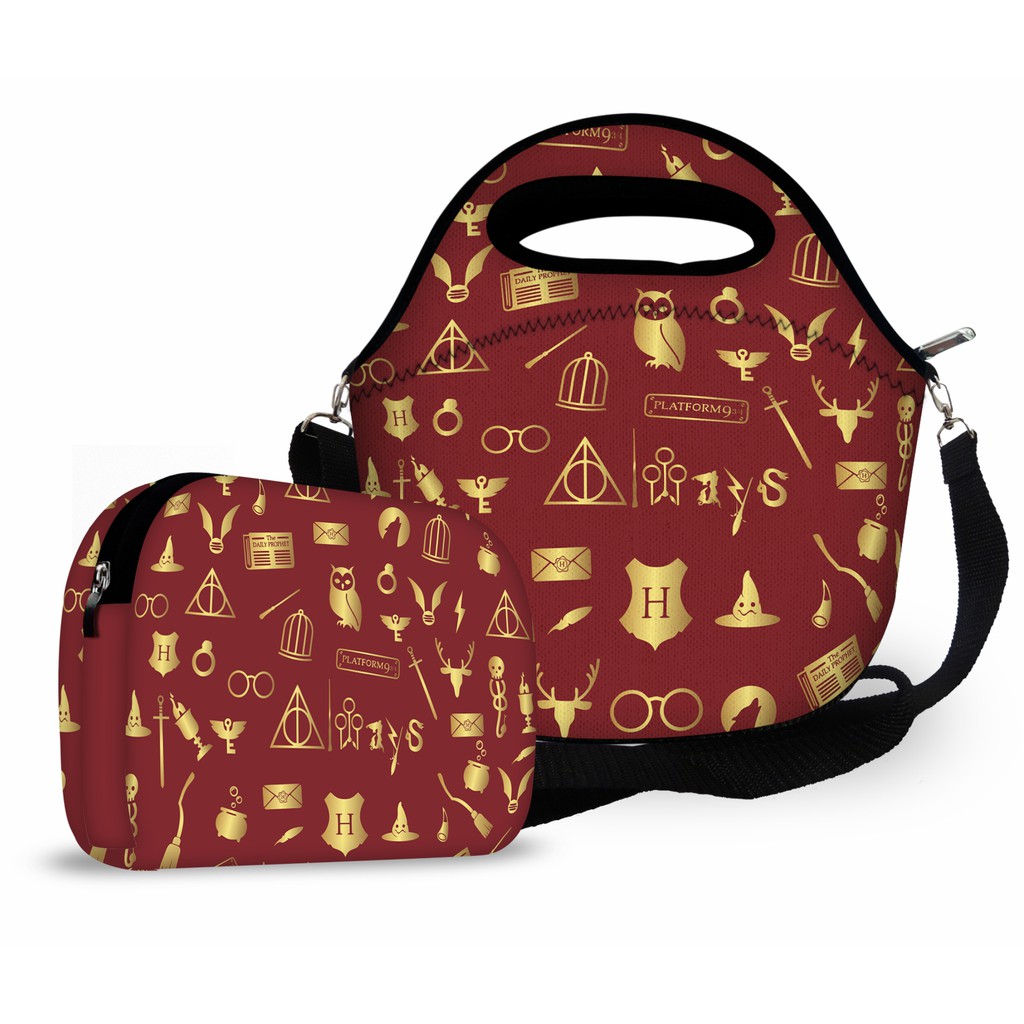 Kit Lancheira e Nécessaire Feminina Térmica Neoprene Bolsa com Alça Lancheira Nécessaire Feminina - Harry Potter - Mundo Bruxo