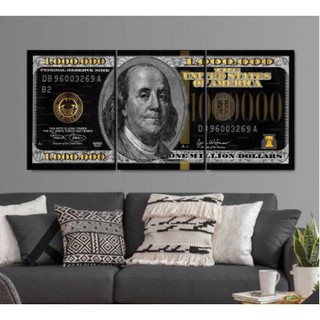Quadro Decorativo Mosaico 3 Peças 1 Milhão de Dólares/Dinheiro/Detalhes em Preto e Dourado