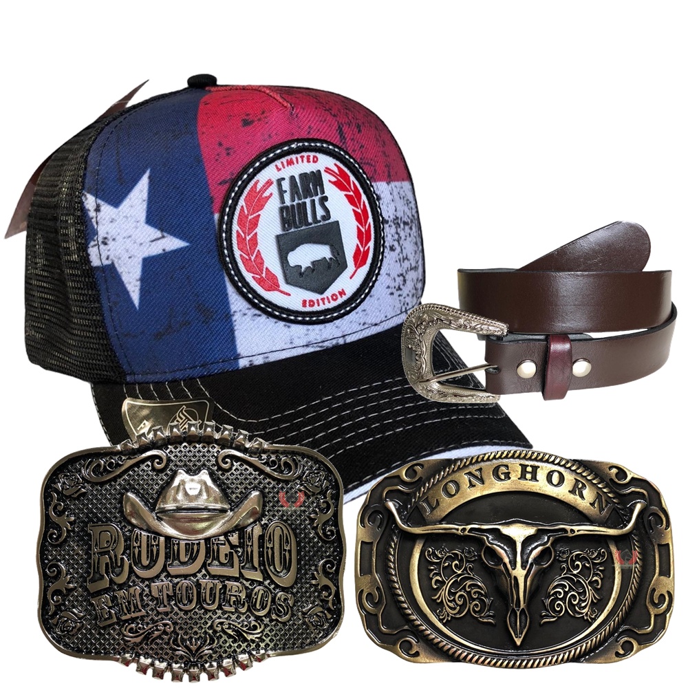 Kit Combo Presente Country Boné Farm Bulls e Fivelas Texas e Rodeio em Touros e Cinto Cowboy Unissex JC46
