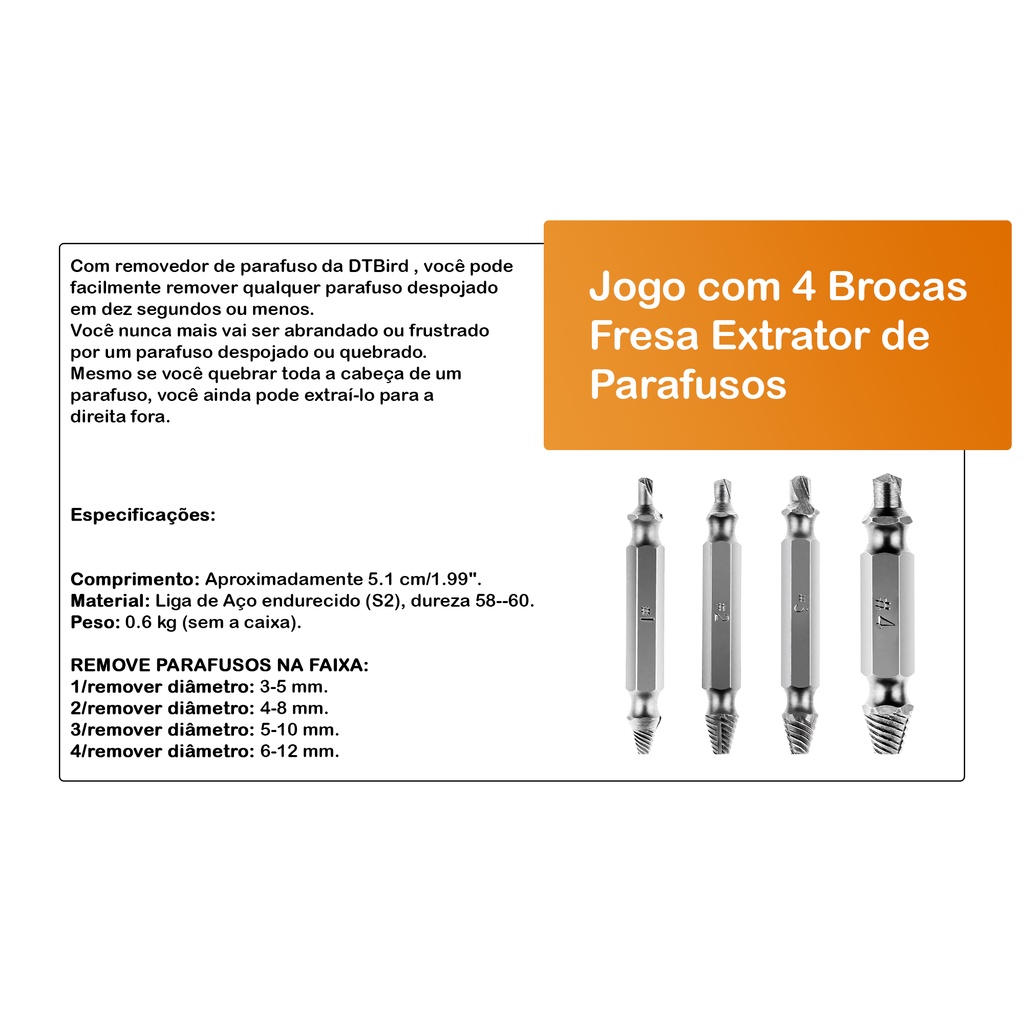 Kit 4 ou 8 Extrator De Parafuso Quebrado Danificado Espanado Enferrujado Metais Ferragens e Madeiras