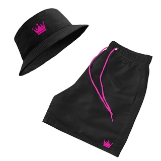 Short Praia + Chapeu Bucket Hat Masculino Com Cordao e Coroa