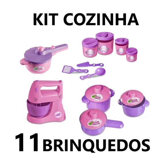 Kit Cozinha Infantil com 11 Brinquedos Batedeira, Potes de Mantimentos, Panela Pressão 3 Panelinhas e Talheres