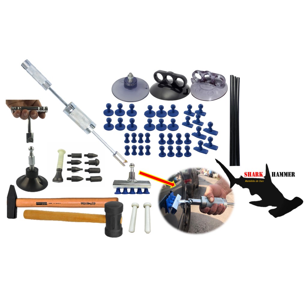 Kit Super Ferramentas Desamassador de Carros Martelinho de Ouro -  Shark Hammer Plus - Kit 60 peças