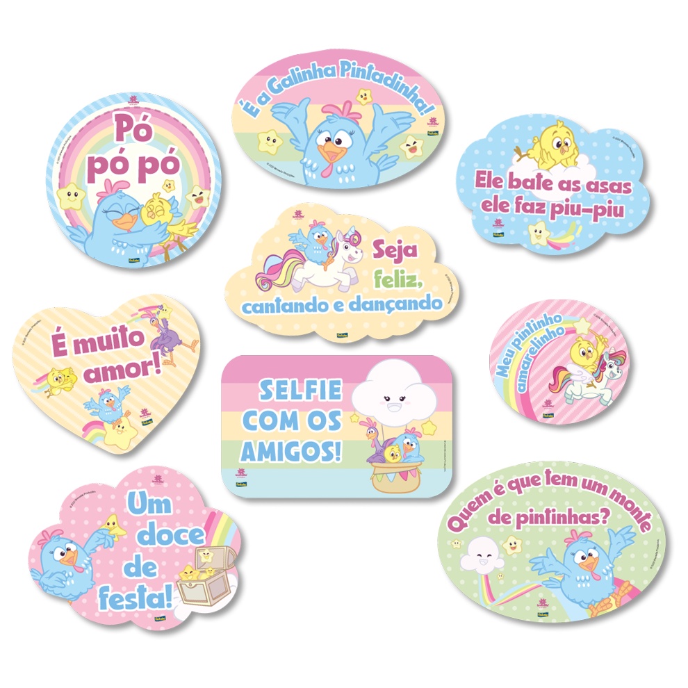 Kit Plaquinhas Divertidas Festa Galinha Pintadinha Candy - 9 unidades - Festcolor - Rizzo Festas - Home & Living