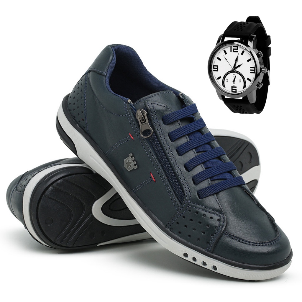 Sapatenis Casual Masculino Couro Ziper na lateral Anti Stress Calçado Moderno + Relógio