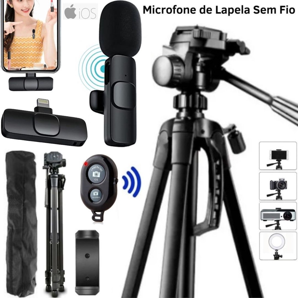 Kit Tripé 1,80m Suporte Celular Iphone Microfone Sem Fio Lightning Gravação Filmagem Profissional