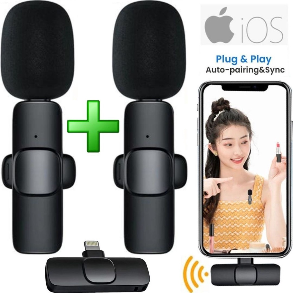 Microfone de Lapela Duplo Sem Fio Wireless para iPhone iPad Lightning Gravação Vídeo Profissional