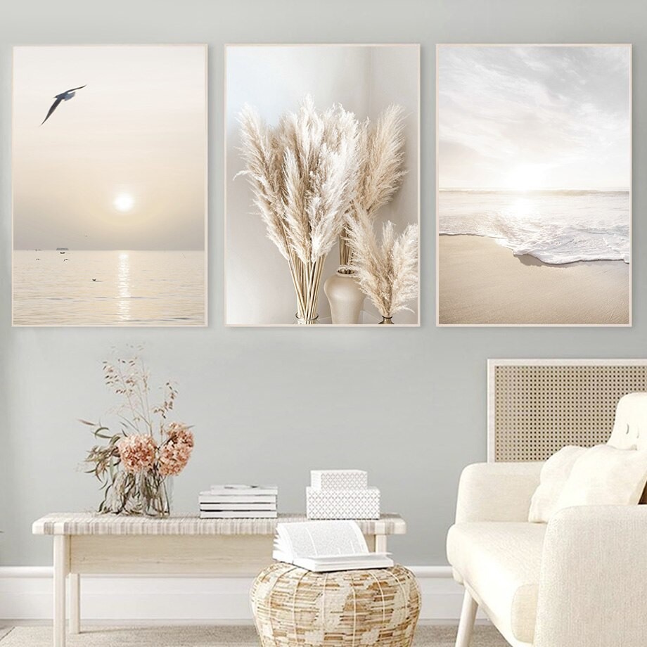 Quadro decorativo 3 peças 40x60 mar pássaro tons neutros bege para quarto sala