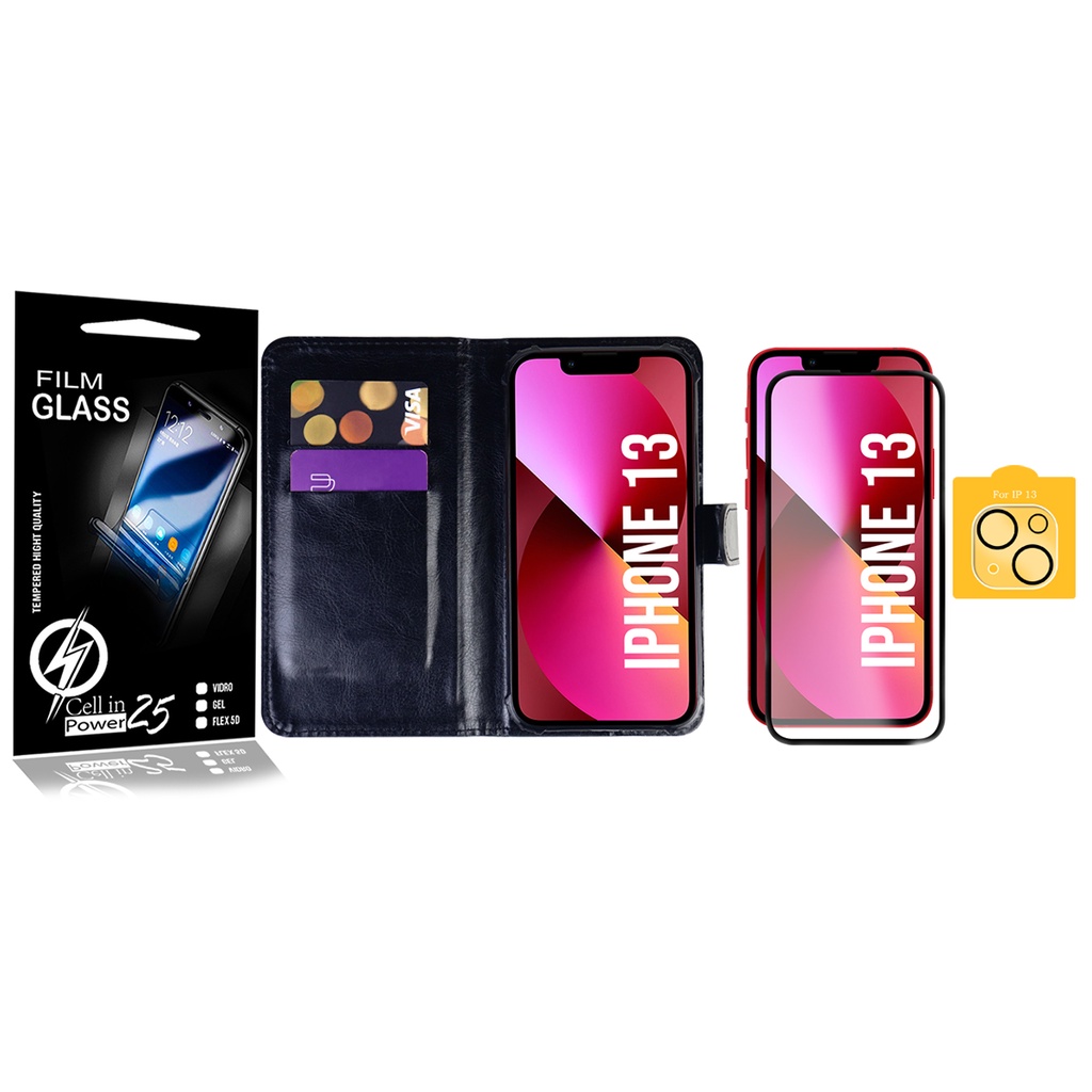 Capa Carteira + Vidro 3d + Pel Câmera Para IPhone 13 6.1 - Cell In Power25