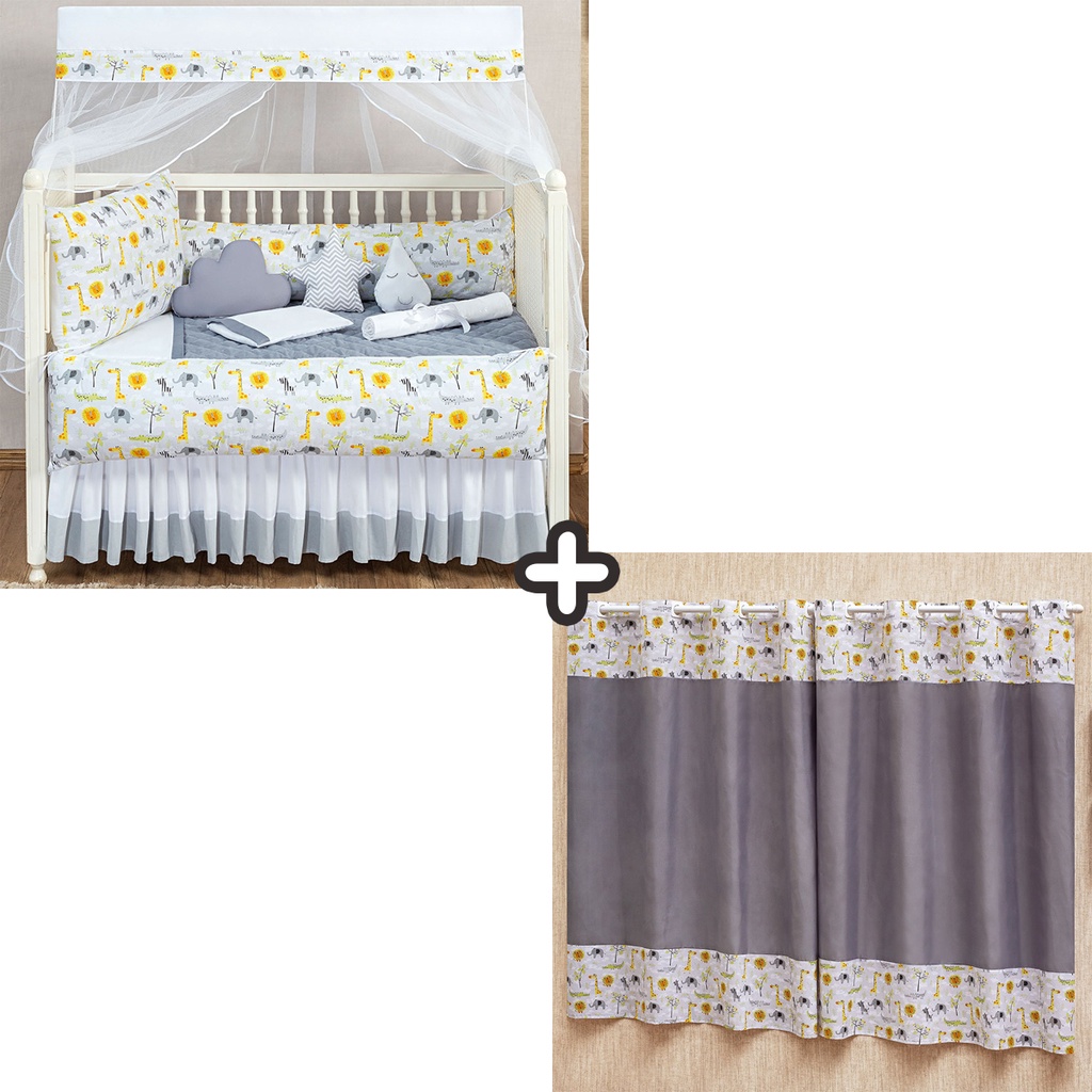 Kit Berço Safari Completo Com Cortina Lençol e Naninha 14 Peças GOLD BABY LINHA BABY