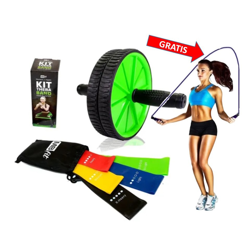 Kit Treine Em Casa Roda Abdominal + 5 Mini Thera Band Faixa. Grátis: Corda de Pular