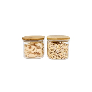 kit 2 potes de vidro quadrados 600ml com tampa de bambu - oikos