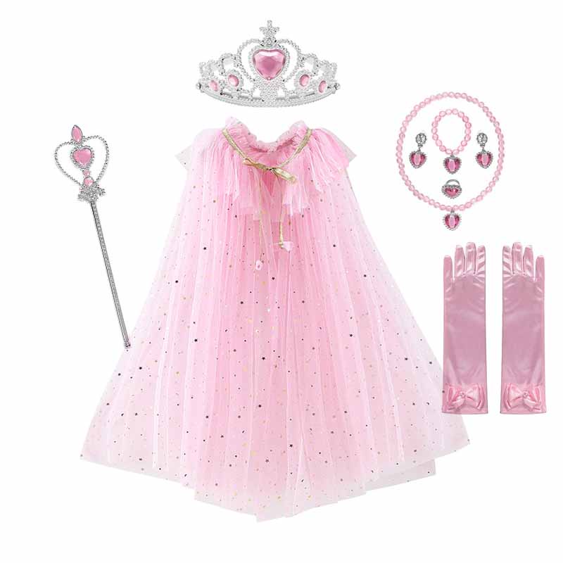 Capa Feminina De Lantejoulas Com Cordão Elsa Vestir Acessórios De Princesa Aurora Cape Crown Colar De Varinha Mágica Conjunto De Luvas Cosplay Mantle