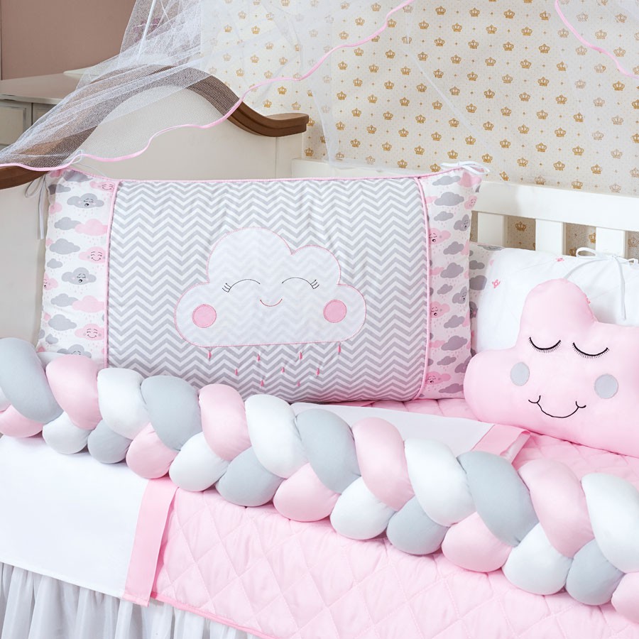 Kit Protetor Berço Trança Chuva De Amor Menina 12 Peças