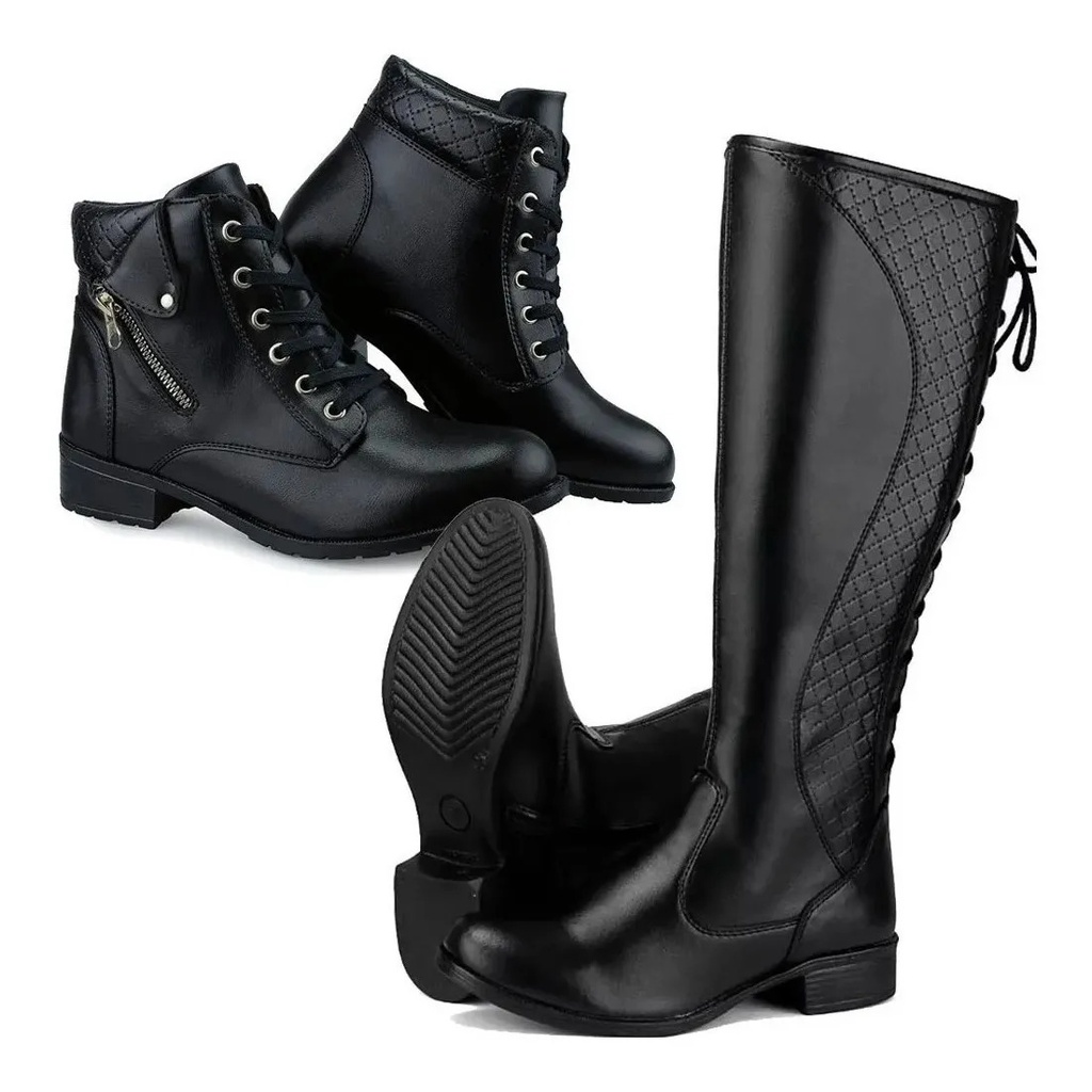 Kit 2 Pares Botas Montarias Coturnos Confortável Moda Casual Cano Baixo Cano Longo Super Lançamento