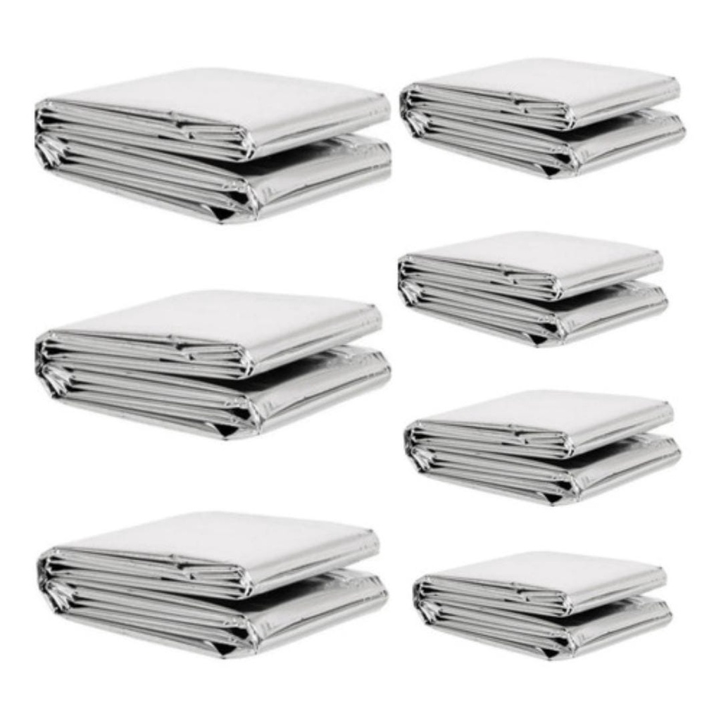 Kit 7 Cobertor Manta Térmica Aluminizado Isolante Emergência Resgate Acampamento Camping Hipotermia Morador de Rua Doação Procedimento Estético Estética Aquecimento Proteção Calor Frio Quente Gelado Térmico Polietileno Aluminada Vitima Isolante Montanha