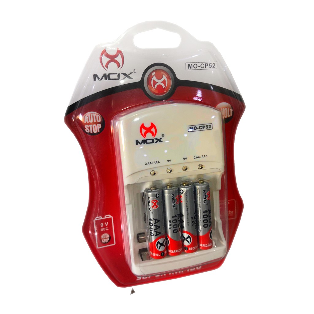 Kit Carregador + 4 Pilha AAA 1000mah Mox Recarregável