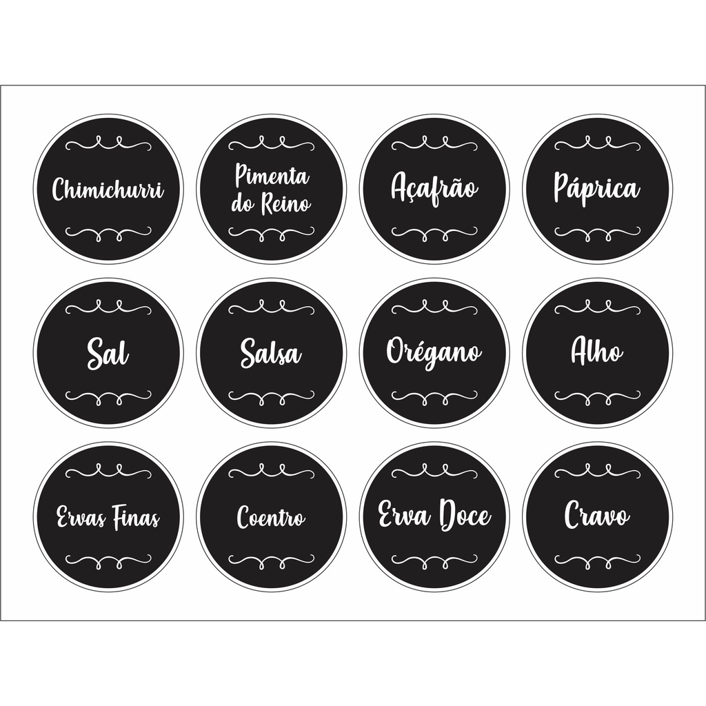 36 Etiquetas Recorte redondo para Potes de Condimentos Temperos Mantimentos Organizador 3,8x3,8cm