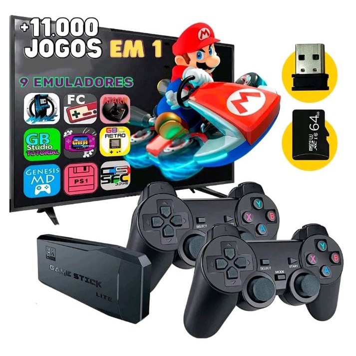 Game stick retro lite 4k com 02 controles sem fio jogos de ps1 mega driver super Nintendo super Mario donkey Kong