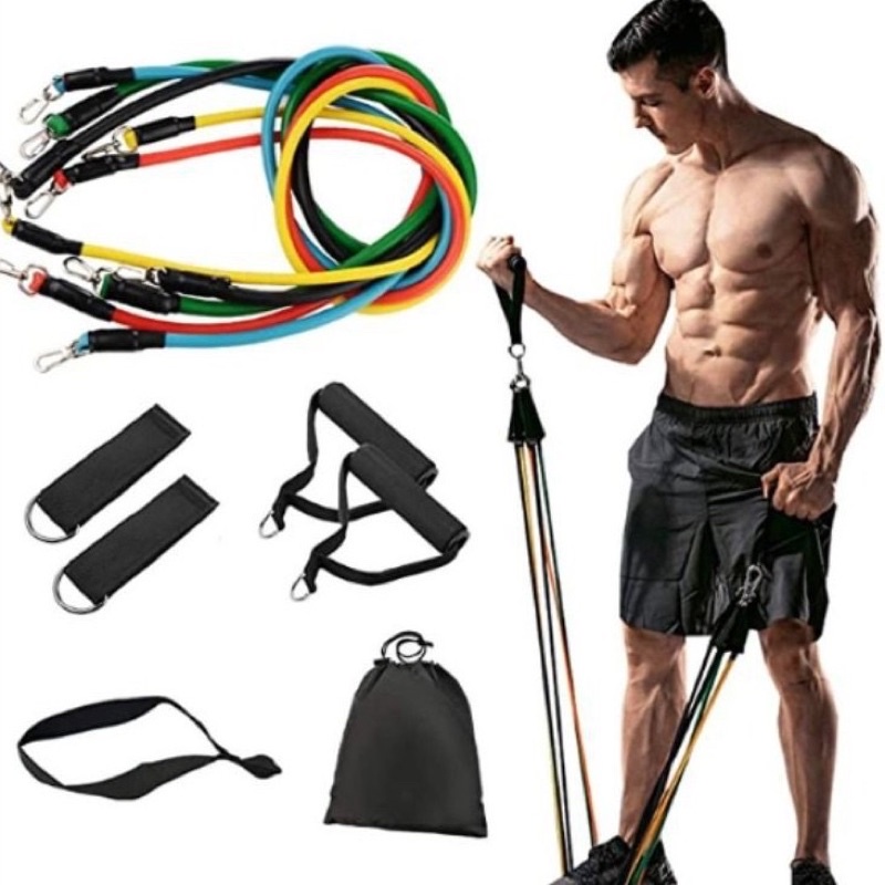 Kit 11 Peças Power Tube Elástico Extensor Treino Pilates Fitness Academia Funcional CrossFit