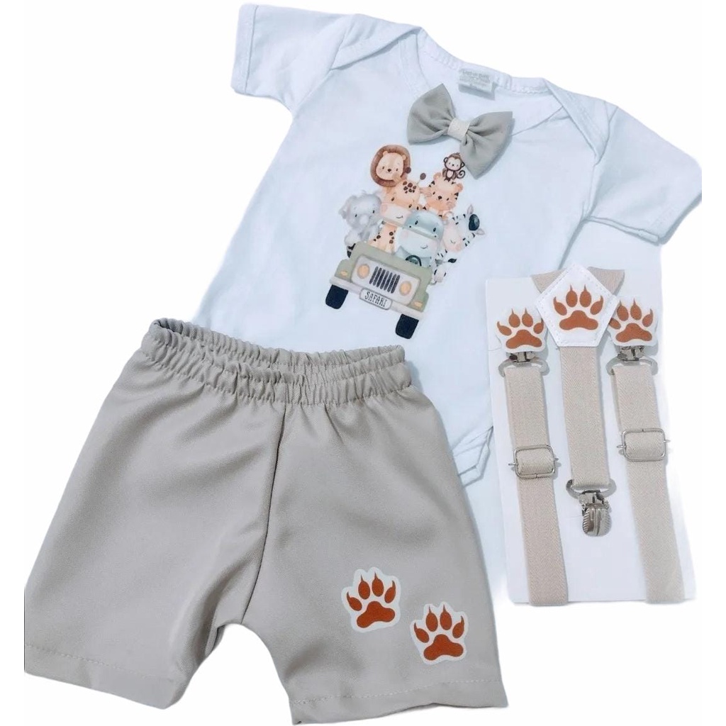 Conjunto Infantil Bebê Menino Mesversário Roupa Safari Body + Suspensório + Shorts