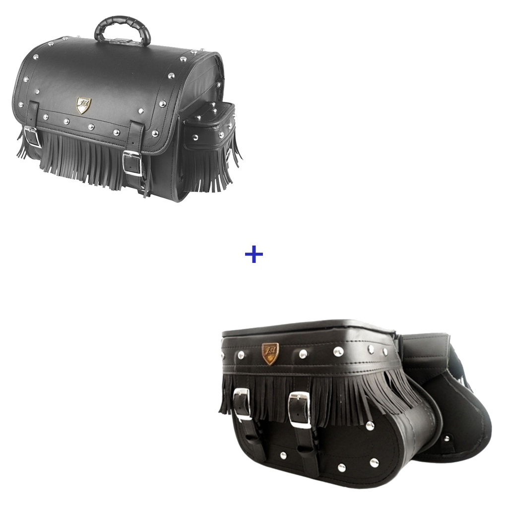 Kit Viagem Alforge Traseiro 35 Litros em Couro Sintético C/ Cravos e Franjas + Alforge Lateral Botinha 18 Litros Couro Sintético C/ Cravos e Franjas