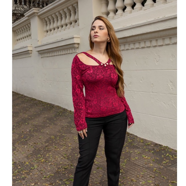 Camisa Manga Longa Estampada Florida Gola V/Moda Inverno/Moda Outono/Moda Feminina/Tecido Estica Y7153