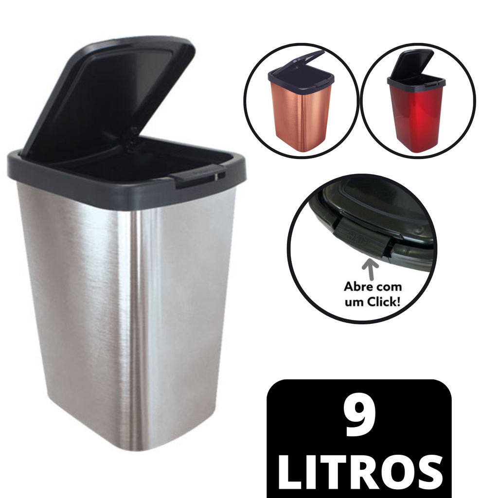 Lixeira Cesto 09 Litros Inox Metalizado Com Tampa Click Label Rose Vermelho Rose Gold Banheiro Cozinha Escritório Quarto Quadrada Resistente