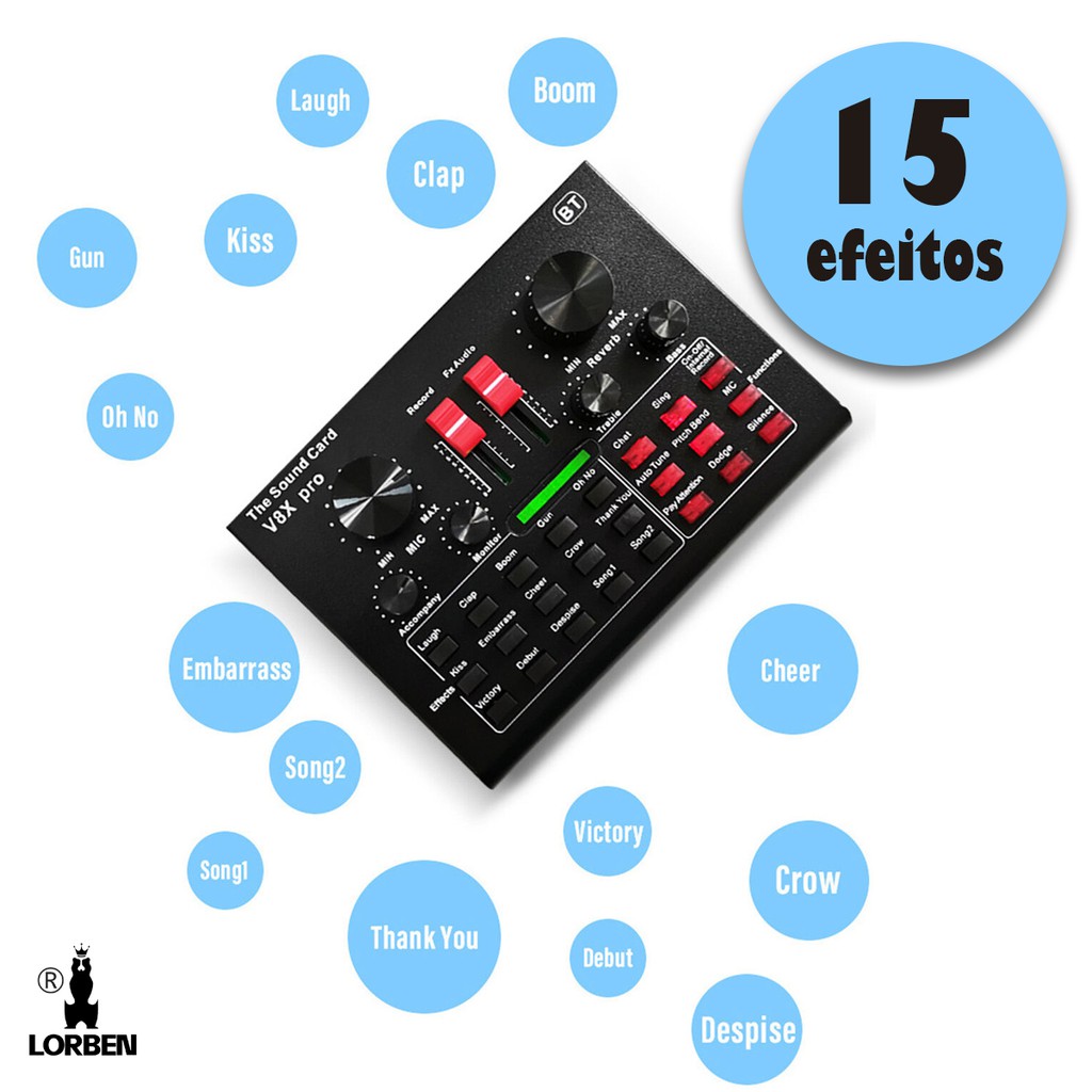 Mini Placa Mixadora Gravadora de Som V8X PRO Live Sound 15 Efeitos Sonoros GT956 Lorben