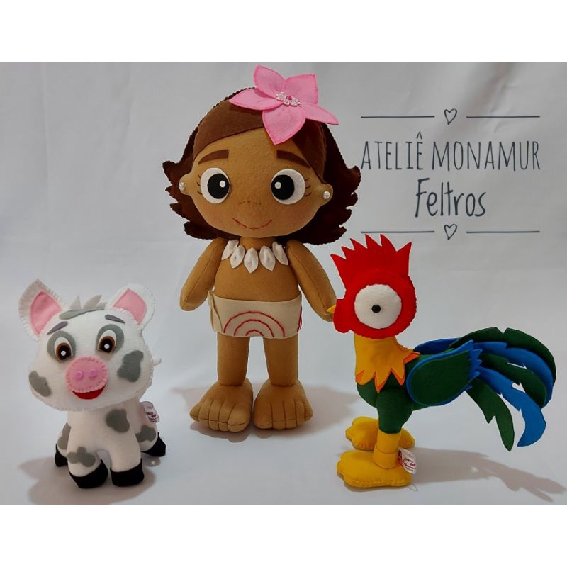 Kit Moana baby em feltro 4 peças (2 bonecas,1 galinho e 1 porquinho )