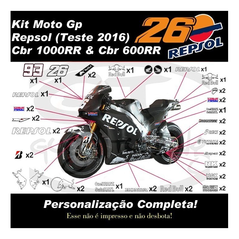 Kit Adesivo Moto Gp Repsol 2016 Teste Cbr 600rr 1000rr